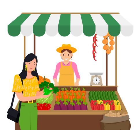 Mulher comprando legumes frescos de vendedor ambulante  Ilustração