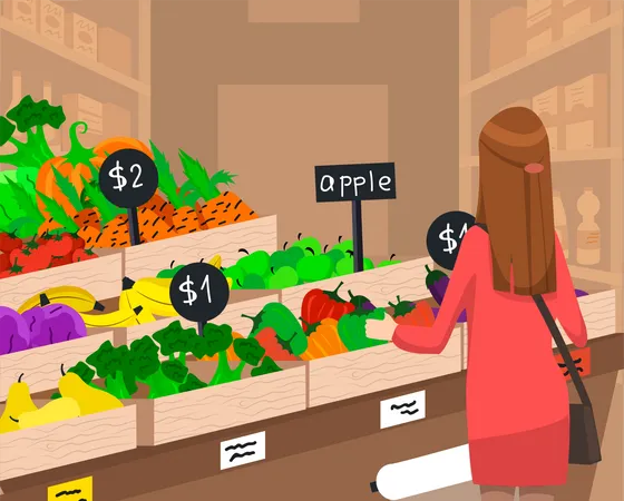 Mulher Escolhe Produtos No Departamento De Vegetais Do Supermercado Garota Faz Compras No Supermercado Loja De Alimentos A Senhora Compra Vegetais Frescos E Naturais Compras No Conceito Moderno De Supermercado Ilustração