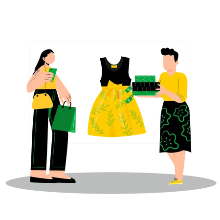 Mulher comprando vestido em loja de moda  Ilustração