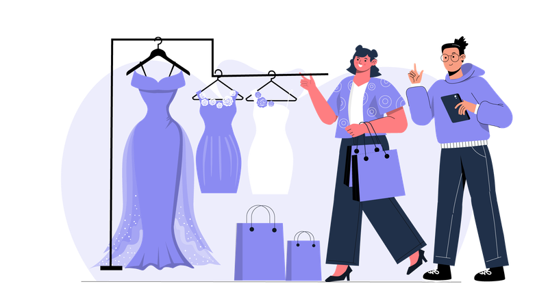Mulher comprando vestido elegante em loja boutique  Ilustração