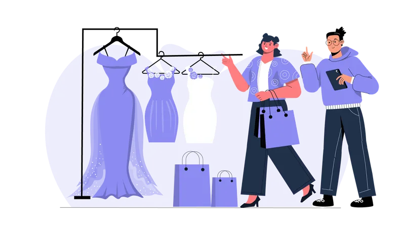 Mulher comprando vestido elegante em loja boutique  Ilustração