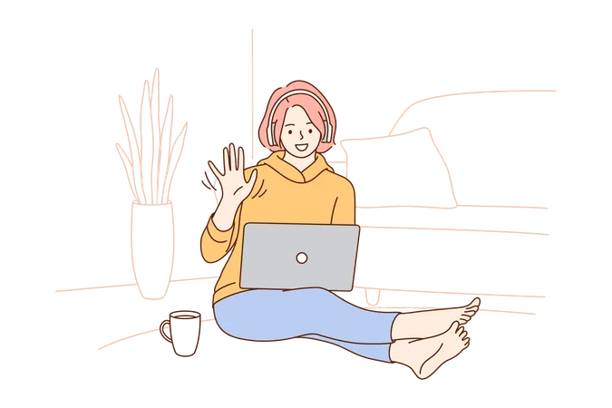 Comunicação de mulher no laptop  Ilustração