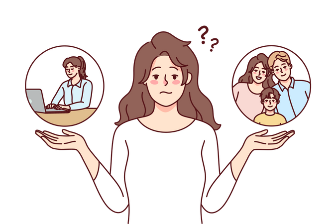 Mulher confusa entre família ou trabalho  Ilustração