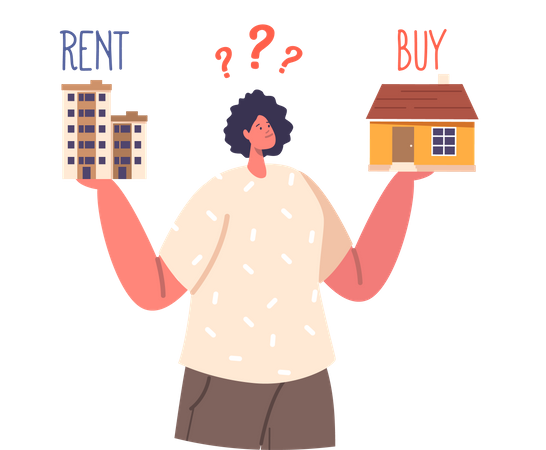 Mulher confusa sobre comprar ou alugar uma casa  Ilustração