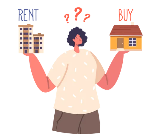 Mulher confusa sobre comprar ou alugar uma casa  Ilustração