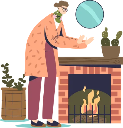 Mulher congelada aquecendo as mãos na lareira usando roupas quentes dentro de casa sofre de frio em casa  Ilustração