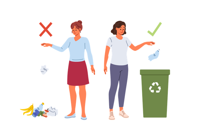 Mulher consciente jogando plástico na lata de lixo perto de uma garota jogando lixo no chão  Ilustração