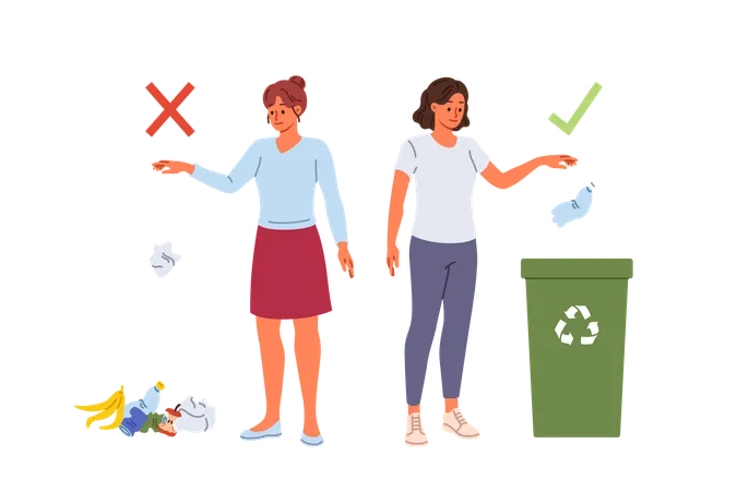 Mulher consciente jogando plástico na lata de lixo perto de uma garota jogando lixo no chão  Ilustração