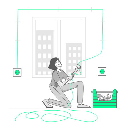 Mulher repara fiação elétrica em uma casa  Ilustração