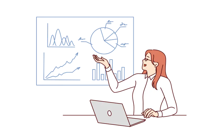 Consultora de negócios feminina demonstra gráficos financeiros que comprovam a rentabilidade dos investimentos  Ilustração