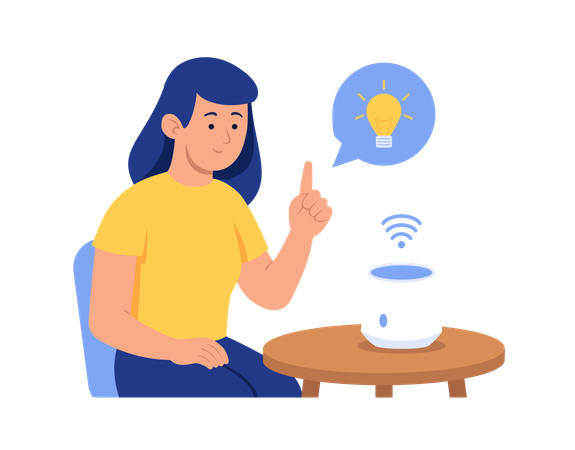 Mulher conversando com assistente de IA em casa  Ilustração