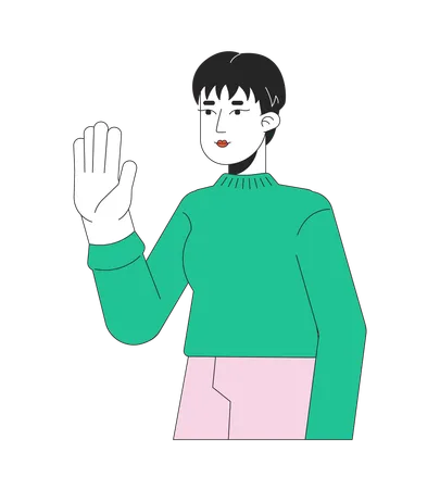 Mulher coreana com corte Pixie acenando com a mão  Ilustração