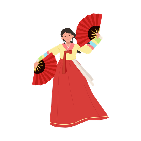 Mulher coreana em hanbok realizando dança tradicional de leque  Ilustração