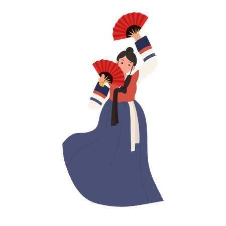 Mulher coreana em hanbok realizando dança tradicional de leque  Ilustração