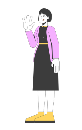 Mulher coreana em cardigan preto acenando com expressão confiante  Ilustração