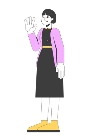 Mulher coreana em cardigan preto acenando com expressão confiante  Ilustração