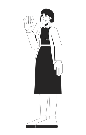 Mulher coreana em cardigan preto acenando com expressão confiante  Ilustração