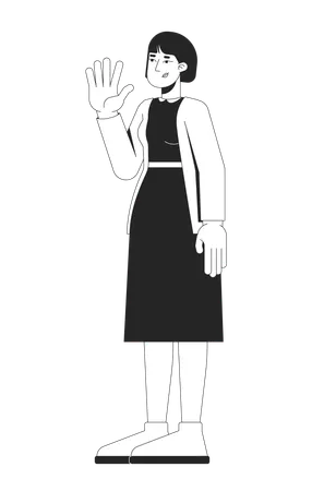 Mulher coreana em cardigan preto acenando com expressão confiante  Ilustração