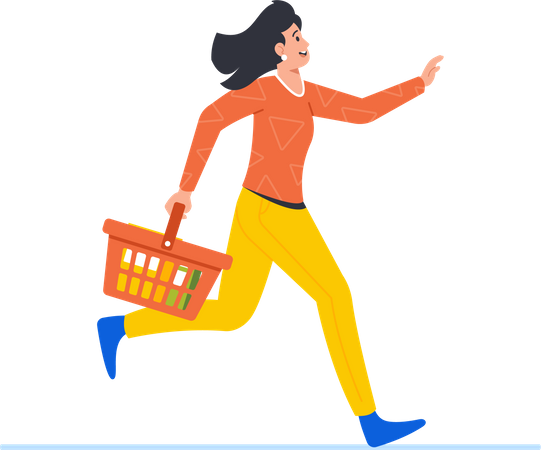 Mulher correndo com carrinho de compras  Ilustração