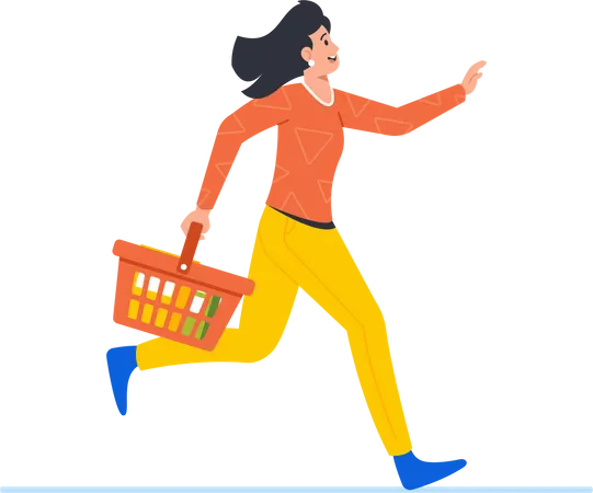 Mulher correndo com carrinho de compras  Ilustração