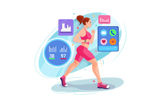 Corredora feminina correndo usando smartwatch  Ilustração