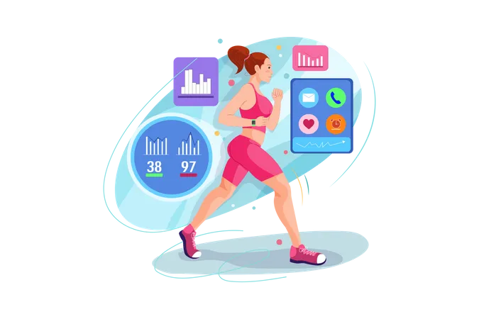 Corredora feminina correndo usando smartwatch  Ilustração