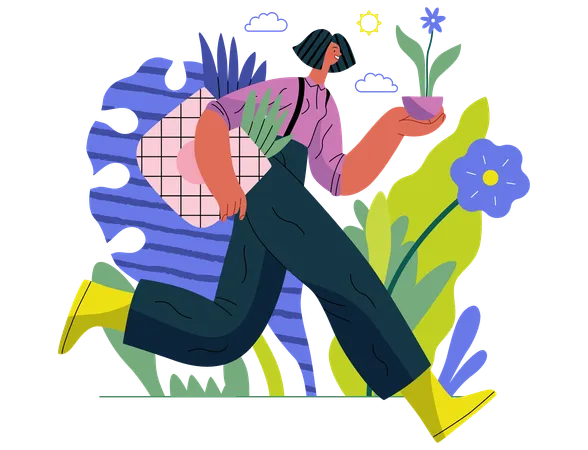 Mulher correndo com bolsa ecológica e flor em vaso  Ilustração