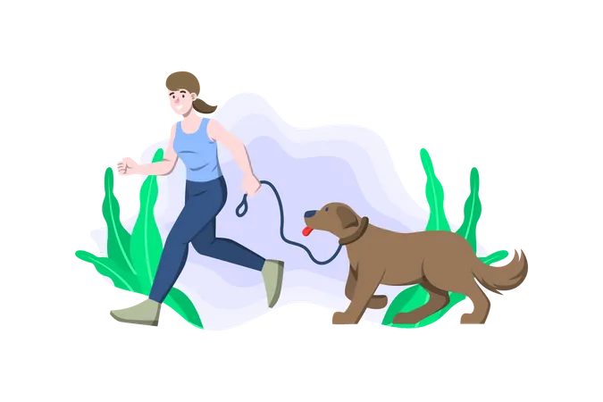 Mulher correndo com cachorro  Ilustração