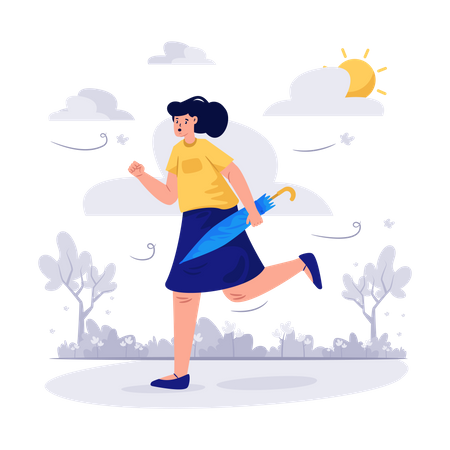 Mulher correndo com guarda-chuva em dia nublado  Ilustração