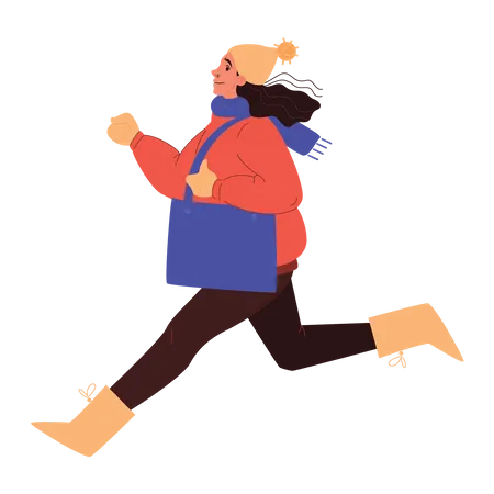 Mulher correndo com roupas de inverno  Ilustração
