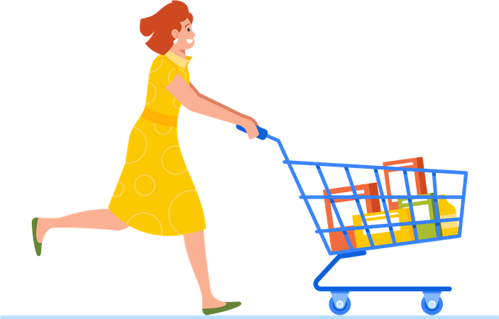 Mulher correndo empurrando carrinho de compras  Ilustração