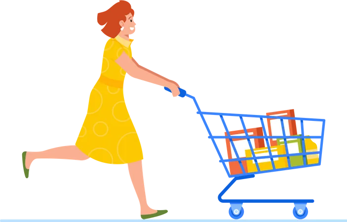 Mulher correndo empurrando carrinho de compras  Ilustração