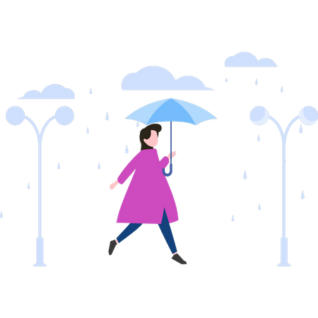 Mulher correndo na chuva com guarda-chuva  Ilustração
