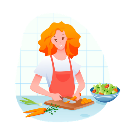 Mulher cortando vegetais na cozinha  Ilustração