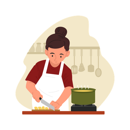 Mulher cortando legumes para cozinhar  Ilustração