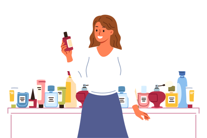 Cosmetologista mulher escolhe a melhor loção para remover rugas perto de uma variedade de cosméticos  Ilustração