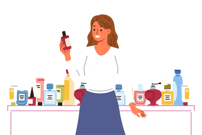 Cosmetologista mulher escolhe a melhor loção para remover rugas perto de uma variedade de cosméticos  Ilustração