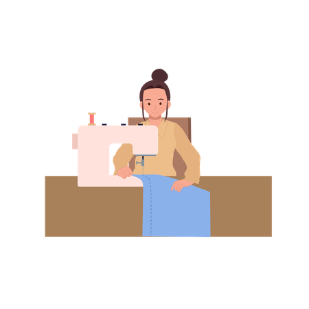 Mulher costurando com máquina de costura em uma mesa de trabalho, ótima para pequenos negócios de roupas DIY ou feitas à mão  Ilustração