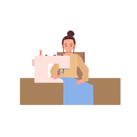 Mulher costurando com máquina de costura em uma mesa de trabalho, ótima para pequenos negócios de roupas DIY ou feitas à mão  Ilustração