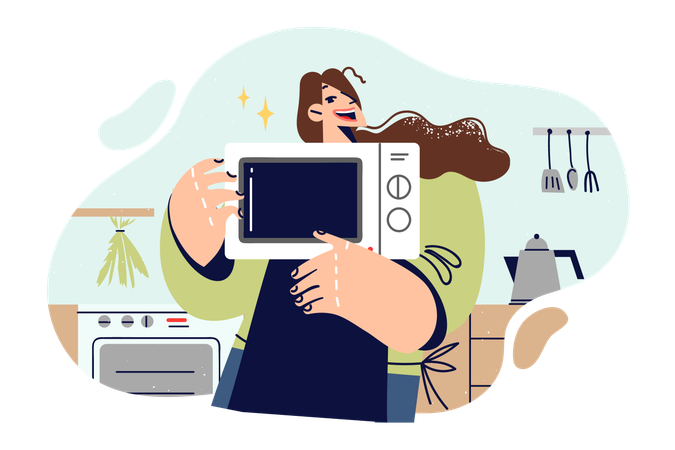 Mulher cozinheira com micro-ondas nas mãos se alegra com a aquisição de novos equipamentos de cozinha  Ilustração