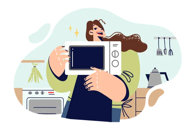 Mulher cozinheira com micro-ondas nas mãos se alegra com a aquisição de novos equipamentos de cozinha  Ilustração