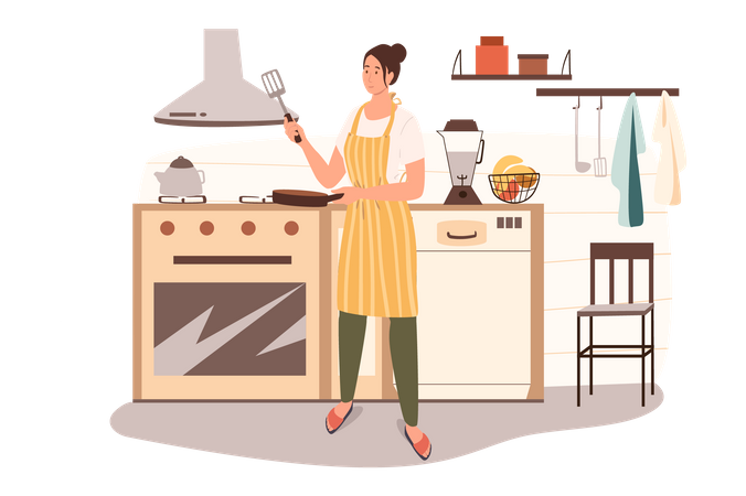 Mulher cozinhando o almoço  Ilustração