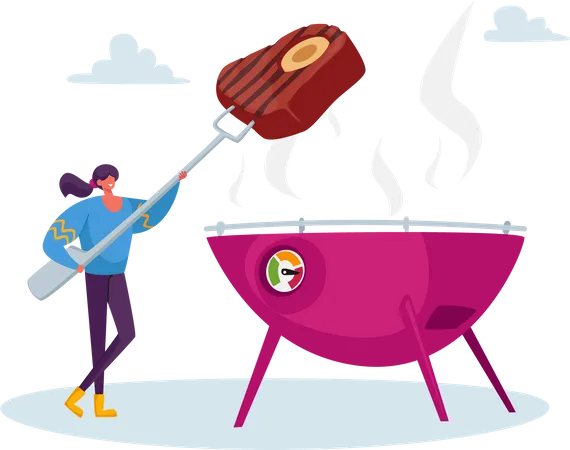 Mulher cozinhando bife no churrasco  Ilustração