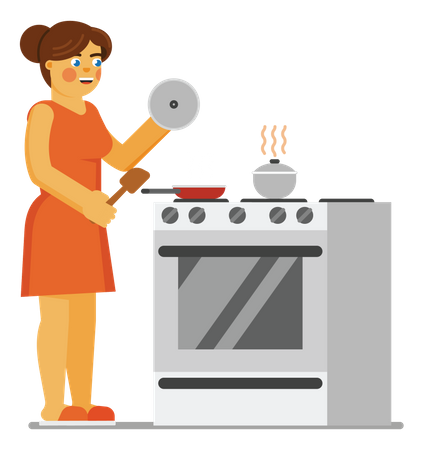 Mulher cozinhando comida no fogão  Ilustração