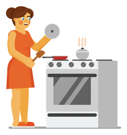 Mulher cozinhando comida no fogão  Ilustração