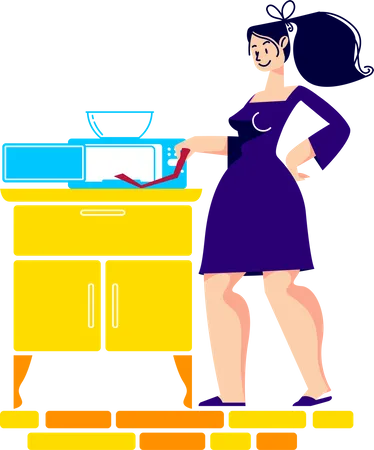 Mulher cozinhando comida em forno de microondas  Ilustração