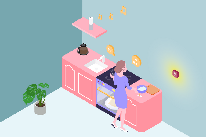 Mulher cozinhando em uma cozinha inteligente enquanto ouve música  Ilustração