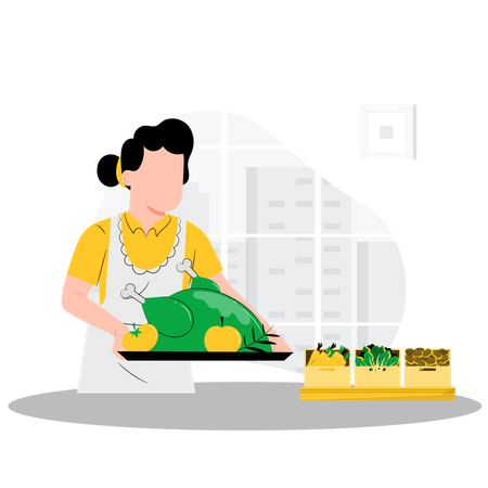 Mulher cozinhando frango  Ilustração