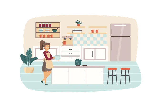 Mulher cozinhando na cena da cozinha. A dona de casa segura a louça, a panela está no fogão, preparando o café da manhã ou o almoço. Conceito de rotina doméstica e diária. Ilustração vetorial de personagens de pessoas em design plano  Ilustração