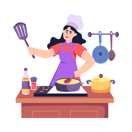 Mulher cozinhando na cozinha  Ilustração